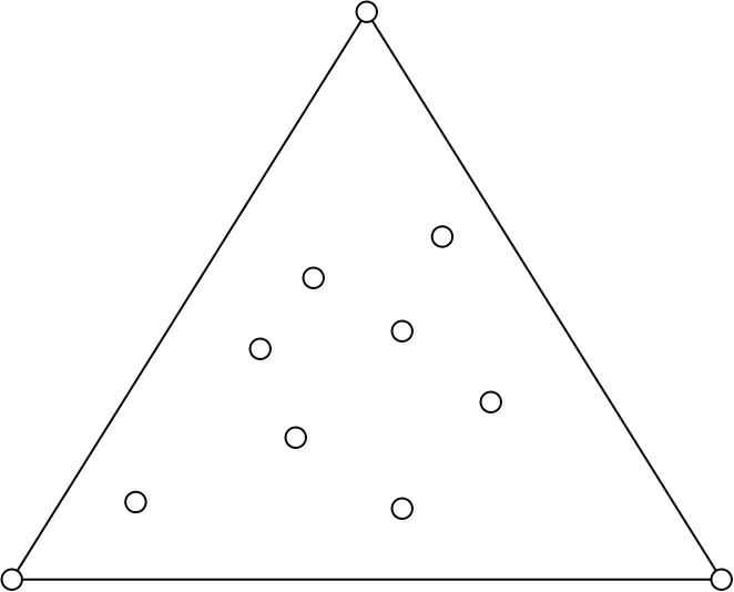 Triángulo equilátero con base horizontal y ocho puntos dentro.