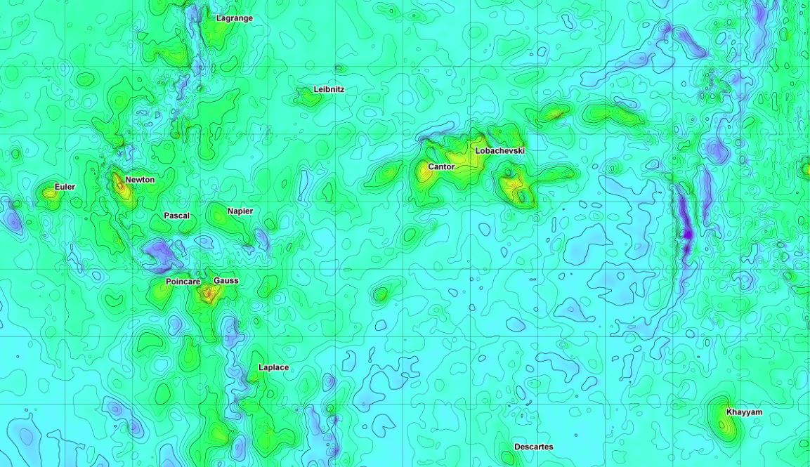 Detalle del mapa con algunos de los montes submarinos con nombres matemáticos